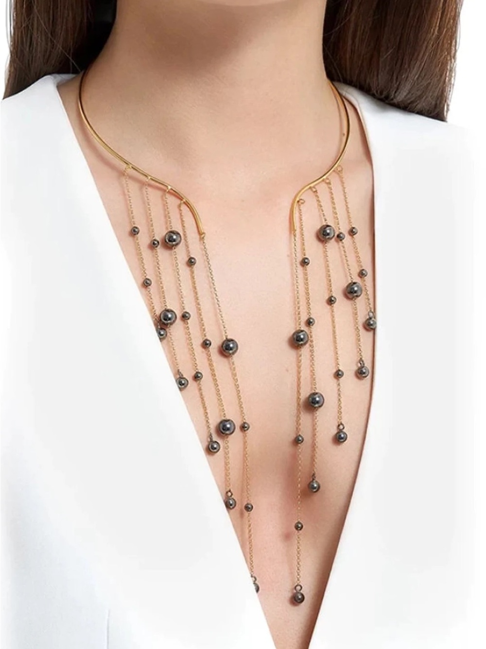Gold Multi-Chain Necklace with Black Beads - Women Jewelry